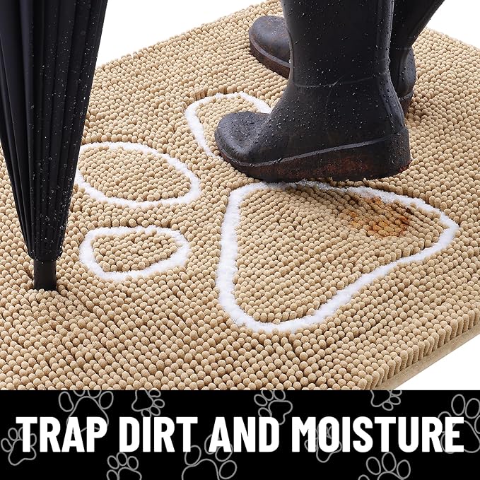 Smiry Dog Door Mat for Muddy Paws, Absorbent Dirt Trapper Non Slip Quick Dry Washable Chenille Mat for Mud Dogs, Entry Rug for Indoor and Outdoor (48x30 Inches, Beige and White)