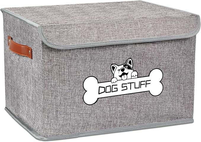 Thankspaw Fabric Dog Toy Box with Lid, Collapsible Storage Bin, Basket Organizer with Handle for Dog Toys, Blankets and Accessories, Grey