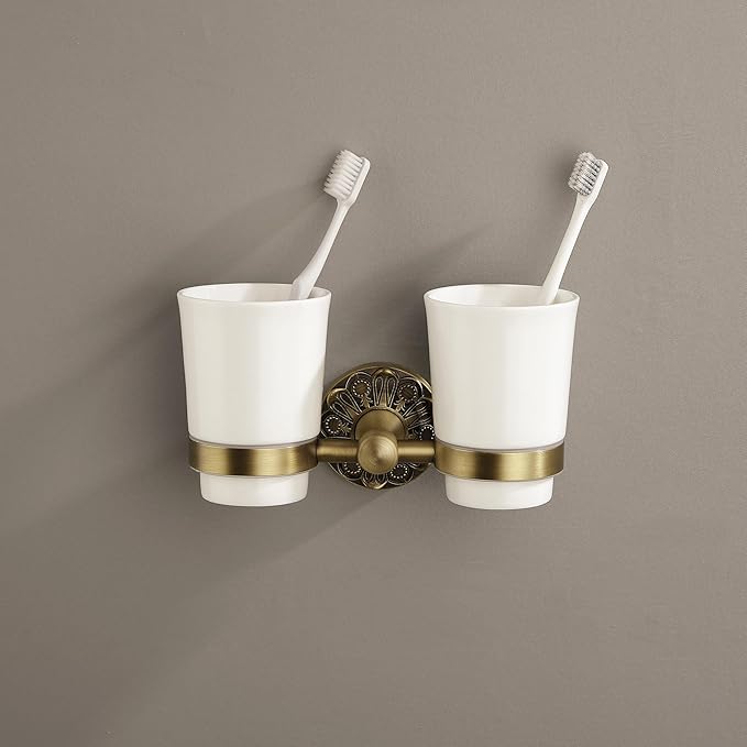 Double Toothbrush Holder Wall Mounted, Mouthwash Cup Holder for Bathroom Wall, Antique Brass Holder and Two White Ceramic Cups, Vintage Petal-Relief Bathroom Decorative Accessories