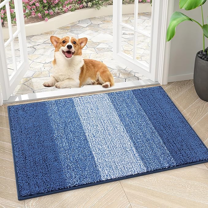 Smiry Dog Door Mat for Muddy Paws, Absorbs Moisture and Dirt, Low-Profile Entryway Mat with Non-Slip Backing, Entry Indoor Outdoor Doormat for Inside Floor (24x16 Inches, Navy Blue, Striped)