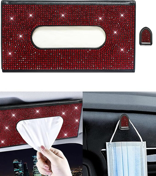 Bling Car Sun Visor Tissue Box Holder,PU Leather with Bling Crystal Rhinestones Tissue Holder,Car Accessories for Women (Red)