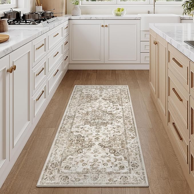 2x5 Washable Neutral Runner Rug Brown Vintage Hallway Kitchen Carpet Non-Slip Soft Low Pile Farmhouse Throw Rug for Bedroom Bathroom Laundry Living Room