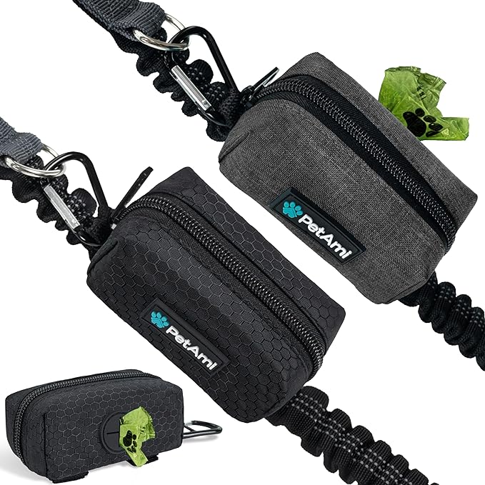PetAmi Dog Poop Bag Holder for Leash, Dog Treat Pouch Leash, Pet Waste Bag Dispenser with Clip, Doggy Puppy Walking Accessories Supplies with 1 Dog Bag Roll (Black/Gray, 2 Pack)