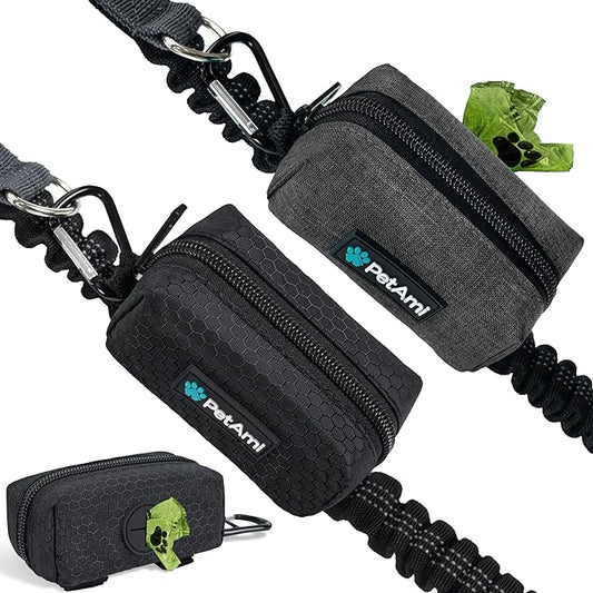 PetAmi Dog Poop Bag Holder for Leash, Dog Treat Pouch Leash, Pet Waste Bag Dispenser with Clip, Doggy Puppy Walking Accessories Supplies with 1 Dog Bag Roll (Black/Gray, 2 Pack)