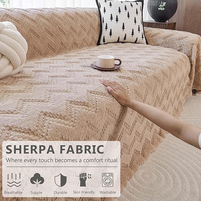 Sherpa Fleece Couch Cover for 3 Cushion Sofa, Brown, 71" x 150" - Pet Proof Sofa Covers Heavy Duty Scratch Resistant Pet Friendly Furniture Cover - Easy Install, Machine Washable