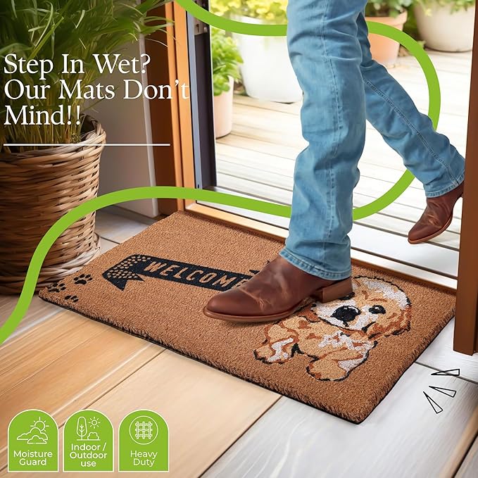 COCONIQ Coir Door Mats 17" X 30", Non-Slip Sturdy, PVC Backed Heavy Duty, Easy to Clean, Ideal for Door Entrance, Patio, Porch, Backyard, Garages, Cute Little Puppy Welcome