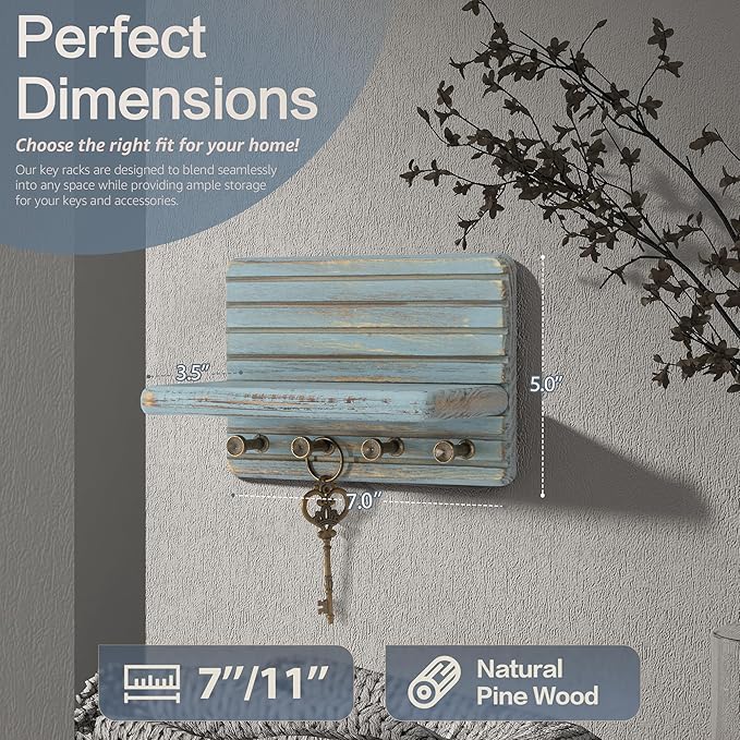 Rebee Vision Pine Wood Key Holder Wall Mount – Decorative 7-inch Key Holder for Wall with Wooden Shelf & Sturdy Hooks – Home Accessories for Mail Organizer (Blue)