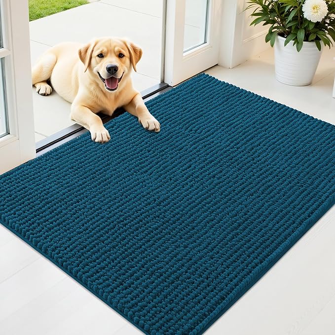 OLANLY Dog Door Mat for Muddy Paws 40x32, Ultra Absorbent Chenille Mud Doormat, Non-Slip Washable and Dirt Trapping Doormat for Indoor Entryway, Quick-Dry Indoor Pet Bed Mats for Dogs, Atlantic Blue
