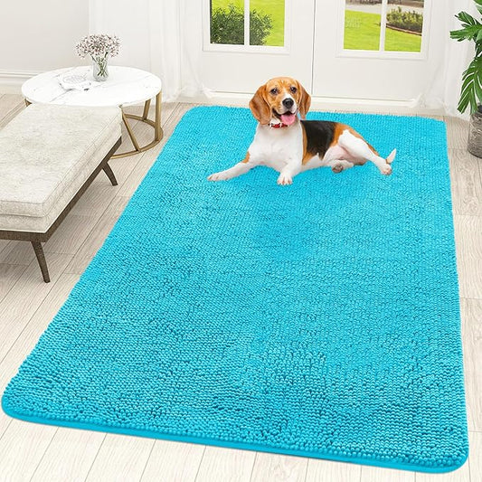 OLANLY Dog Door Mat for Muddy Paws 59x35, Absorbs Moisture and Dirt, Absorbent Non-Slip Washable Doormat, Quick Dry Chenille Mud Mat for Dogs, Entry Indoor Entryway Carpet for Inside Floor, Aqua Blue