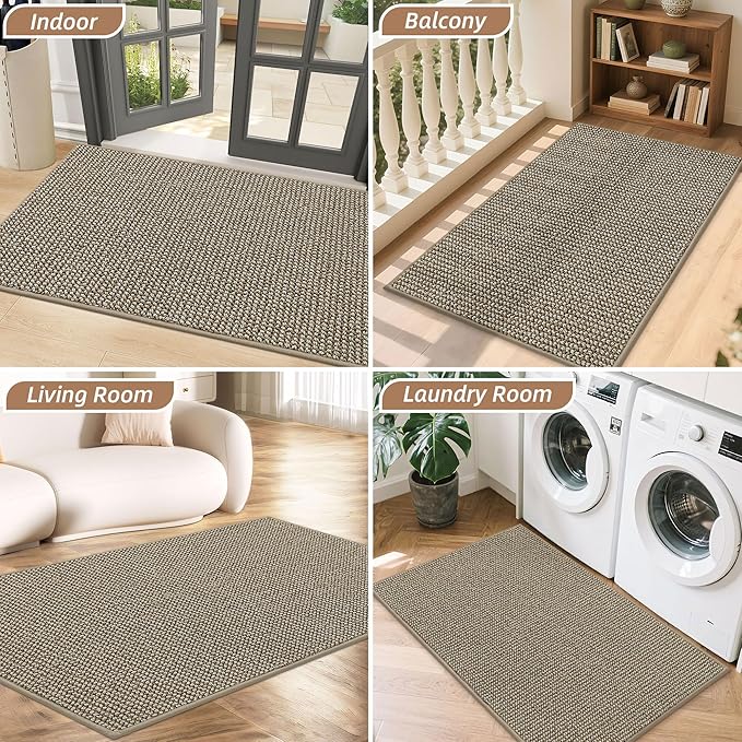 BEQHAUSE Dirt Trapper Door Mat 17"x30", Non-Slip Doormats (Rolled-Up NO Creases) Washable Entryway Rugs, Dirt Resist and Absorbent Welcome Mat, Low Profile Floor Mats for Front Back Door, Light Beige