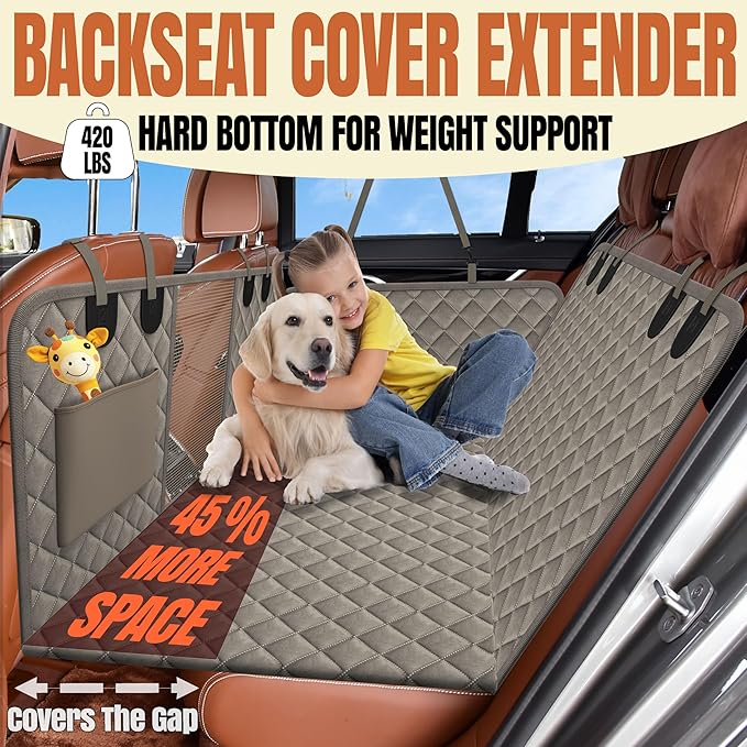 Back Seat Extender for Dogs, Hard Bottom Car Seat Cover for Dogs. Hammock Style, Large Space, Holds 420lbs, Sturdy, Waterproof for Car, SUV, Truck (Gray)