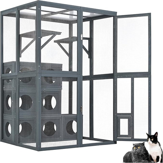 LOVMOR Outdoor Catio with Double Enter Doors, Grey Climbing Shelves, Weatherproof Pine Wood Playground with 7 Freely Combination Wood Boxes