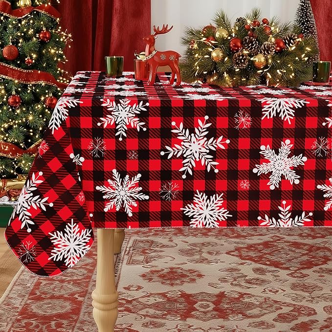 misaya Rectangle Waterproof Vinyl Table Cloth, Wipeable Tablecloth with Flannel Backing, Plastic Table Cover for Dinner, Christmas Party (Red & Black, 52" x 70")
