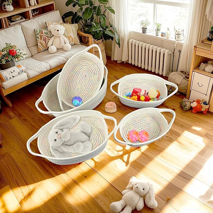 5-Piece Woven Rope Storage Basket Set - Sturdy Cotton Organizer Bins for Shelves, Pantry, Bathroom, Nursery & Bedroom Decor (MUTIL)