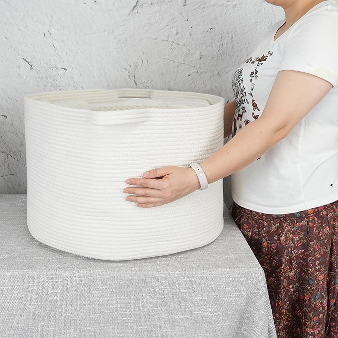 XUANGUO Extra Large Cotton Rope Basket Blankets Basket Living Room 22"x14" Toy Basket for Kids Dogs Rope Storage Basket for Nursery Woven Laundry Basket for Clothes Towels Baby Toy Storage round white