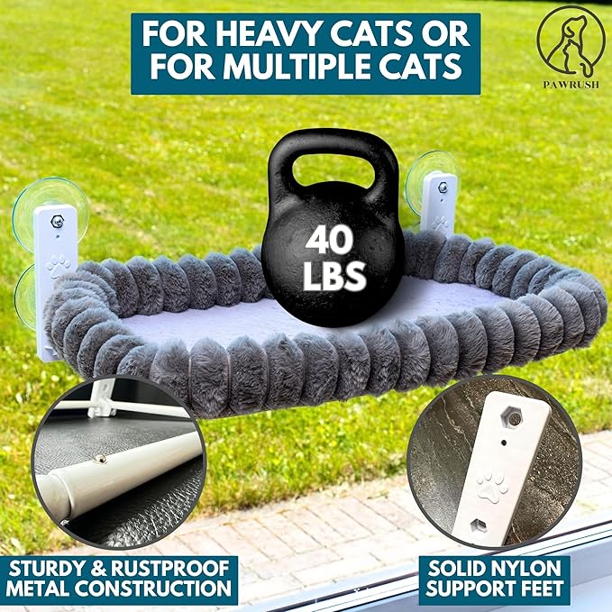 PAWRUSH Cat Window Perch — Premium Cat Window Hammock with 4 Large Suction Cups & Soft Bubble Cushion; Strong Rustproof Metal Frame Window Bed Holding 40lbs; Easy Assembly Perch for Indoor Cats; Gray