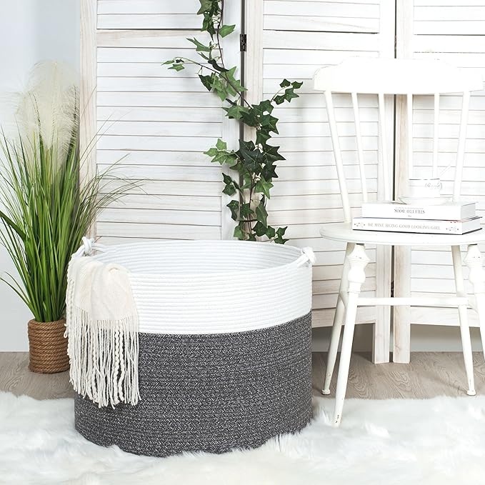 MINTWOOD Design Extra Large 22 x 16in Decorative Woven Cotton Rope Blanket Storage Basket Bin Living Room with Handles and Laundry Hamper for Pillows, Pool Towels, Dog Toys, Shoes, Dark Grey