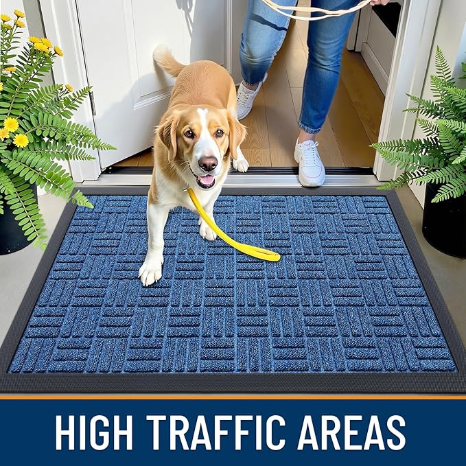 OLANLY Front Door Mat Outside Entrance 47x23, Absorbent, Heavy Duty Sturdy Natural Rubber Doormat Indoor Outdoor, Non-Slip, Stain and Fade Resistant, Low Profile Floor Mat for Entryway, Ocean Blue