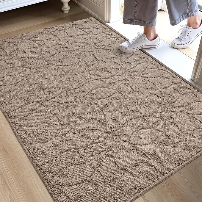 DEXI Front Door Mat Inside Entrance 32x48, Non Slip Dirt Trapper Doormat, Low Profile Thin Entry Mat, Absorbent Easy Clean Welcome Mats for Entryway, Patio, Branch Leaf Beige