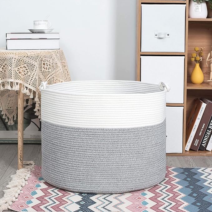 MINTWOOD Design Extra Large 22 x 16in Decorative Woven Cotton Rope Blanket Storage Basket Bin Living Room with Handles and Laundry Hamper for Pillows, Pool Towels, Dog Toys, Shoes, Light Grey