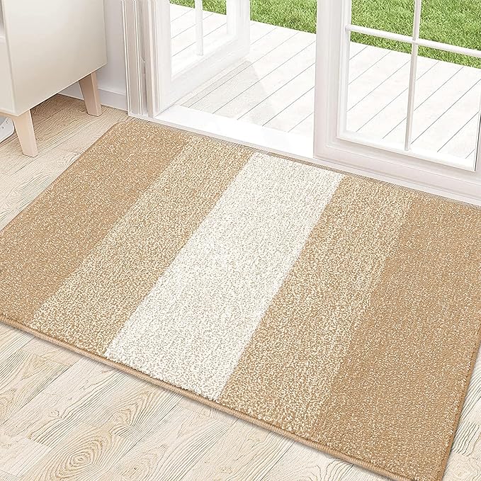 Kitinjoy Indoor Outdoor Door Mat, 32x20 Non-Slip Absorbent Dirt Trapper, Low-Profile Washable Inside Entrance Front Floor Mat, Sturdy Soft Entry Doormats for Entryway, Beige