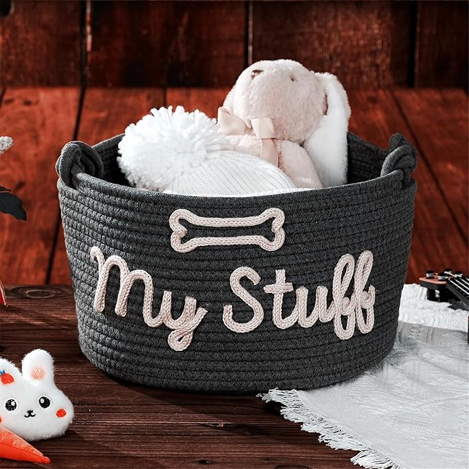 JUPPE Pet Storage Basket with Rope Handles, Cotton Woven Dog Toy Bin, Black with 'My Stuff' Text, Decorative Organization, Dog Toy Organizer (Black grey dog basket)