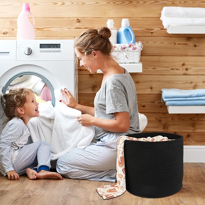 XUANGUO Cotton Rope Basket For Girls Boys Kids 16”X14” Baby Laundry Basket Nursery Bin Round Woven Baskets Organizer For Storage Toys Blankets Shoes Clothes black