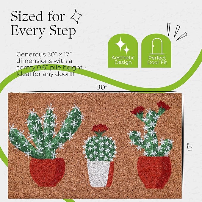 COCONIQ Coir Door Mats 17" X 30", Non-Slip Sturdy, PVC Backed Heavy Duty, Easy to Clean, Ideal for Door Entrance, Patio, Porch, Backyard, Garages, Sparkling Cactus