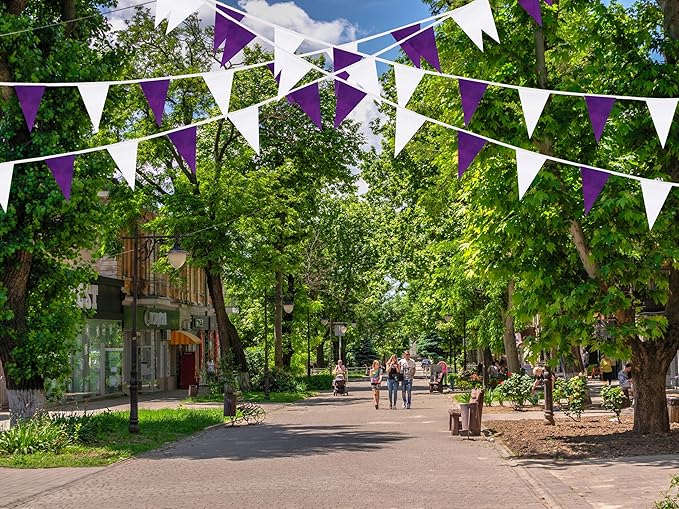 100 Feet Purple & White Pennant Banner Flags String Hanging Purple & White DIY Triangle Bunting Flags,Party Decorations for Grand Opening,Party Events Celebration,Kids Birthday,60 Pcs