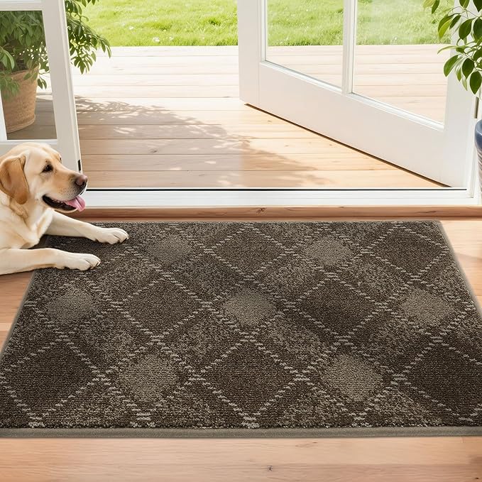 COSY HOMEER Plaid Door Mat 20" x 32",Dirt Trapper Entryway Rugs,Non-Slip Washable Farmhouse Doormat,Low Profile Welcome Mats for Paws Brown