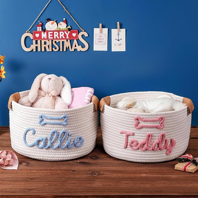 Custom Dog Toy Basket, Personalized Cotton Rope Basket With Pet Name, Puppy Toys Storage Gifts Pet Dog Decor Organizer (Dog Toy Basket)