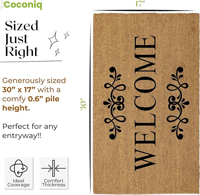 COCONIQ Coir Door Mats 17" X 30", Non-Slip Sturdy, PVC Backed Heavy Duty, Easy to Clean, Ideal for Door Entrance, Patio, Porch, Backyard, Garages, Welcome Floral Border