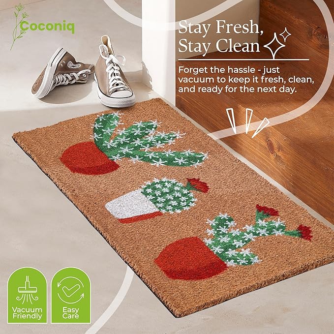 COCONIQ Coir Door Mats 17" X 30", Non-Slip Sturdy, PVC Backed Heavy Duty, Easy to Clean, Ideal for Door Entrance, Patio, Porch, Backyard, Garages, Sparkling Cactus