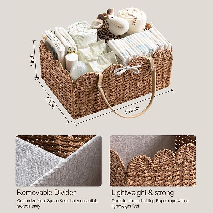 HBlife Baby Diaper Caddy, Paper Rope Storage Baskets Nursery Bin with Removable Divider, Portable Car Organizer for Diapers, Baby Shower Gifts, Newborn Essentials Must Haves