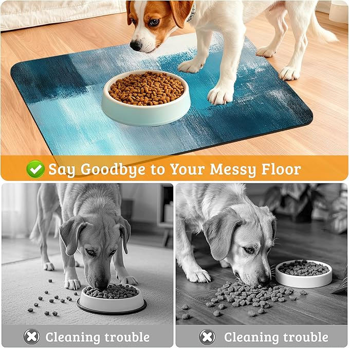 Pet Feeding Mat,Art Painting Absorbent Dog Cat Food Mat Grey Blue Dog Mat with Rubber Backing,Non-Slip Water Bowl Placemat,Pet Supplies 12" x 20"