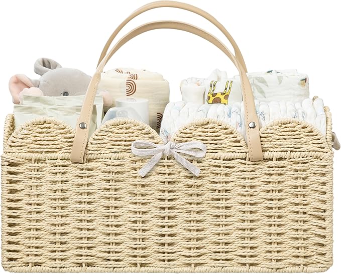HBlife Baby Diaper Caddy, Paper Rope Storage Baskets Nursery Bin with Removable Divider, Portable Car Organizer for Diapers, Baby Shower Gifts, Newborn Essentials Must Haves