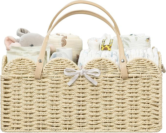 HBlife Baby Diaper Caddy, Paper Rope Storage Baskets Nursery Bin with Removable Divider, Portable Car Organizer for Diapers, Baby Shower Gifts, Newborn Essentials Must Haves
