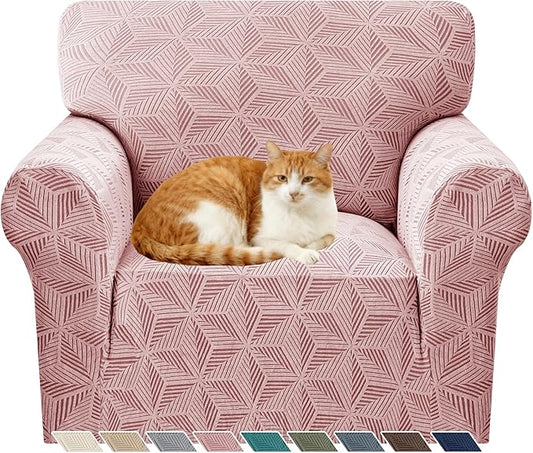 YEMYHOM 1 Piece Stretch Chair Sofa Slipcovers Couch Covers for 1 Seat, Jacquard Armchair Covers with Non-Slip Elastic Bottom, Thickened Furniture Protector for Dogs Pets kids (Small, Pink）
