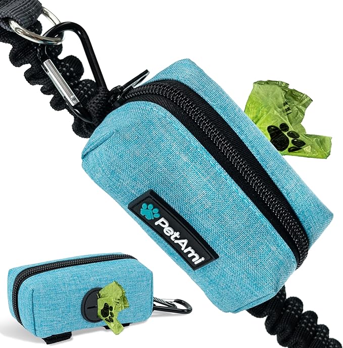 PetAmi Dog Poop Bag Holder for Leash, Dog Treat Pouch Leash, Pet Waste Bag Dispenser with Clip, Doggy Puppy Walking Accessories Supplies with 1 Dog Bag Roll (Blue, 1 Pack)