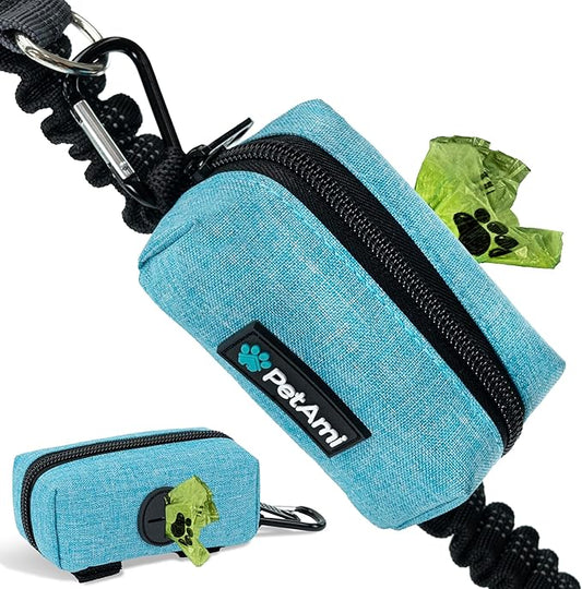 PetAmi Dog Poop Bag Holder for Leash, Dog Treat Pouch Leash, Pet Waste Bag Dispenser with Clip, Doggy Puppy Walking Accessories Supplies with 1 Dog Bag Roll (Blue, 1 Pack)