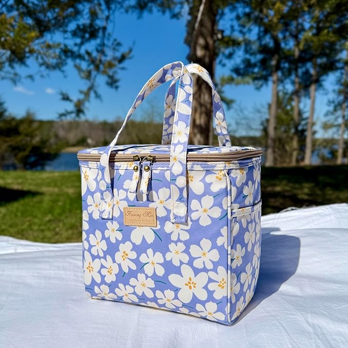 Kwang Min Floral Insulated Lunch Bag for Women,Reusable Lunch Box,Large Cooler for Office,Picnic Outdoors,Premium Quality Waterproof Fabric,Ideal Gift for Outdoors and work (Purple Cosmo)
