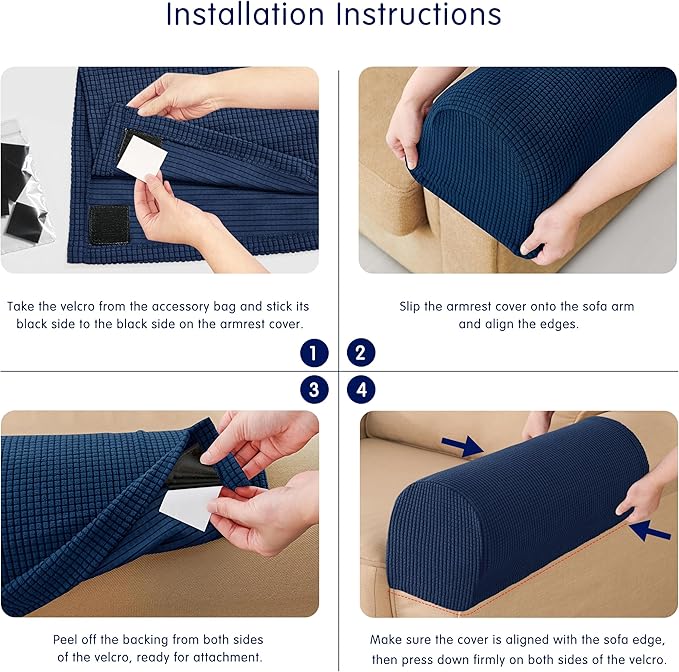 SUBRTEX Stretch Couch Arm Covers Set of 2, Checkered Sofa Arm Slipcovers, Anti-Slip Armrest Covers for Recliner and Armchairs, Pet Proof, High Stretchy, Hook & Loop Tape, Navy