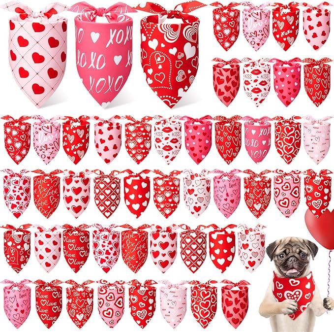50 Pcs Valentines Day Dog Bandanas Bulk Red and Pink Heart Bandanas for Dogs Triangle Kerchief Bibs Scarf for Pet Party Costume Photo Props Accessories Pet Shops Groomer (31.5 x 21.7 x 21.7)