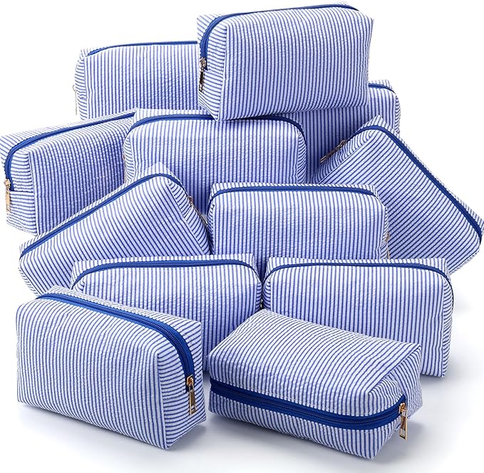 Sanwuta 12 Pcs Seersucker Cosmetic Bags Bulk Seersucker Makeup Bags Stripe Women Pouch Large Preppy Storage Pouch Toiletry Travel Organizer for Wedding Bridesmaid Bride Favor Mom Gift (Lake Blue)