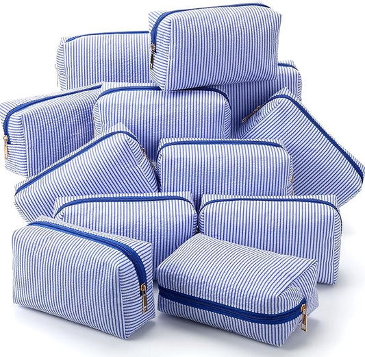 Sanwuta 12 Pcs Seersucker Cosmetic Bags Bulk Seersucker Makeup Bags Stripe Women Pouch Large Preppy Storage Pouch Toiletry Travel Organizer for Wedding Bridesmaid Bride Favor Mom Gift (Lake Blue)