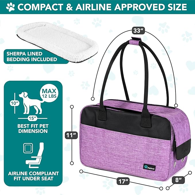 PetAmi Dog Purse Carrier for Small Dogs, Airline Approved Soft Sided Pet Carrier with Pockets, Ventilated Dog Carrying Bag for Puppy Cat, Dog Travel Supplies Bag, Sherpa Bed, Max 12 lbs, Purple