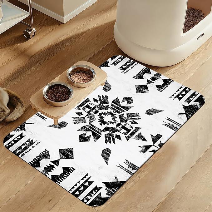 Black Boho Art Dog Food Mat–Absorbent Quick Dry Feeding Placemat for Food and Water Bowls, Non Slip Rubber Backing, Waterproof Pet Supplies for Mess-Free Eating 16"x24"