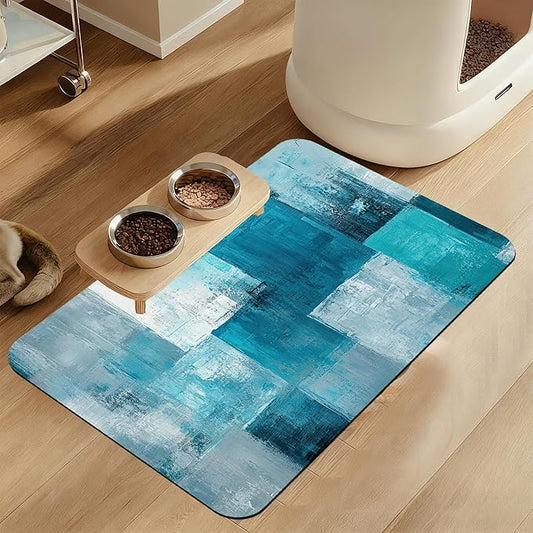 Blue Teal Dog Cat Food Mat–Absorbent Waterproof Placemat for Food and Water Bowls, Non Slip Rubber Backing, Feeding Mat for Clean Floors 16"x24"