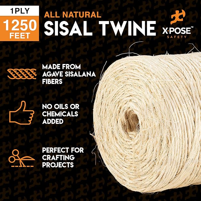 Sisal Twine - Thin Natural Fiber Rope on Spool - Rope for Cat Scratching Post, Cat Tree Replacement Parts, Pet Toy - Decorative Cordage, Pole Wrap (6, 1 Ply 1250 Ft.)