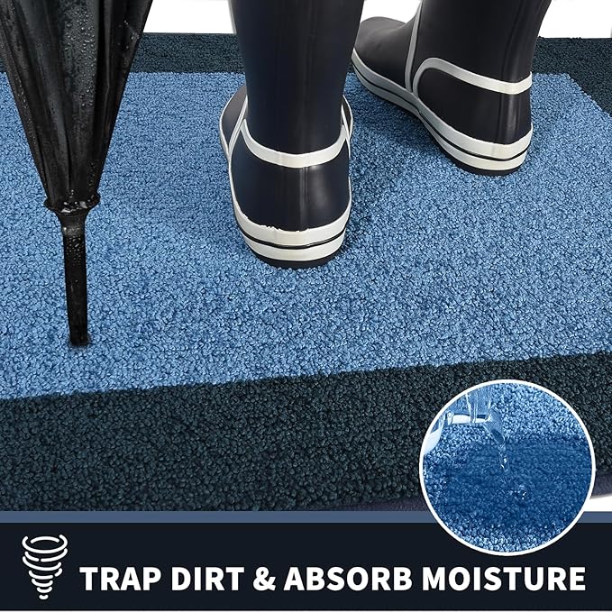 PURRUGS Dirt Trapping Door Mat 32" x 48", Non-Slip Machine Washable Entry Rug, Entrance Mat, Indoor Front Door Mat, Super Absorbent Entryway Rug for Muddy Shoes & Paws, Light Blue & Navy